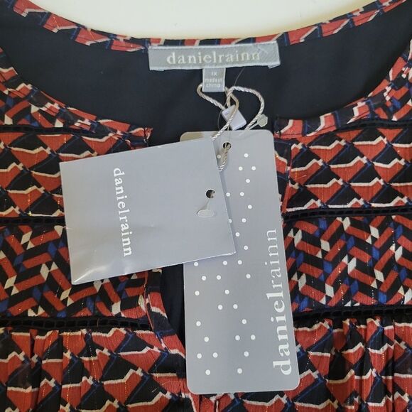 $74 NEW 1X DANIEL RAINN NORDSTROM rust blue cream metallic sheer sleeve top NWT - Picture 2 of 9
